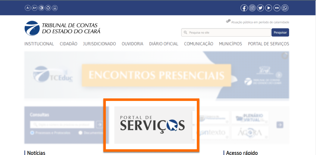 Captura de tela do site do TCE Ceará destacando o botão para acessar o Portal de Serviços Eletrônicos.