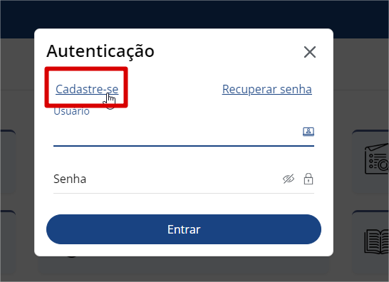 Captura de tela do Portal de Serviços no modal de entrar no sistema, com destaque para a opção de Cadastre-se.