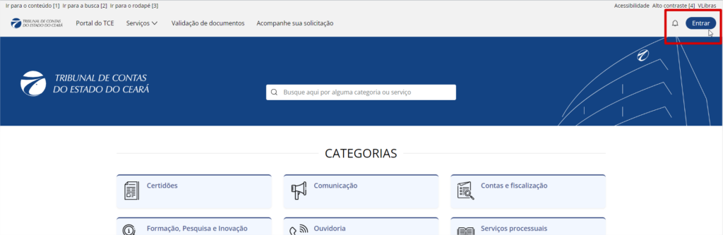 Captura de tela do Portal de Serviços com destaque para o botão de Entrar, onde deve ser feito o cadastro.