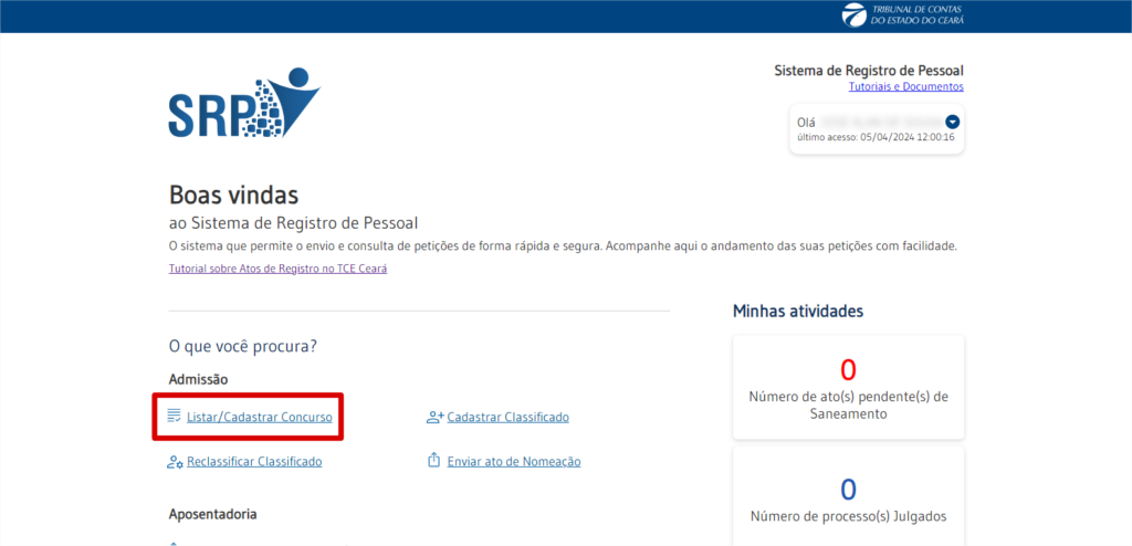 Tela inicial do SRP com a opção Listar/Cadastrar concursos destacada.