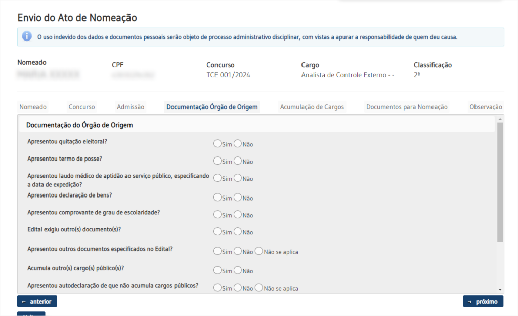 Captura de tela para acesso ao Sistema de Registro Pessoal onde vamos ter um checklist de documentação e campos de afirmação sim ou não.