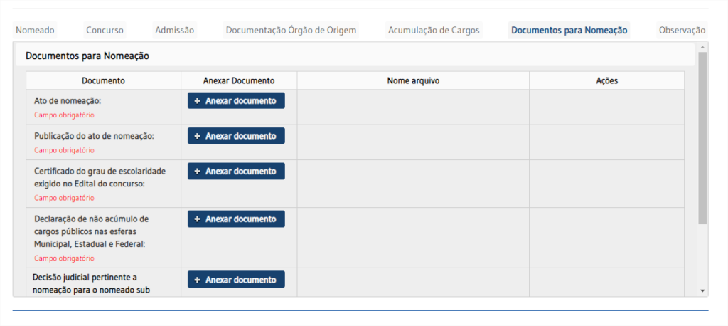 Captura de tela para acesso ao Sistema de Registro de Pessoal mostra a aba Documentos para nomeação, existe duas colunas, do lado esquerdo coluna de documentos que devem ser enviados, e na segunda coluna lado direito aba de anexar documentos.