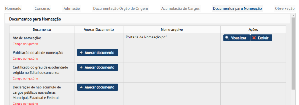 Tela de documentos para nomeação com a inclusão no sistema na portaria de nomeação fictícia.