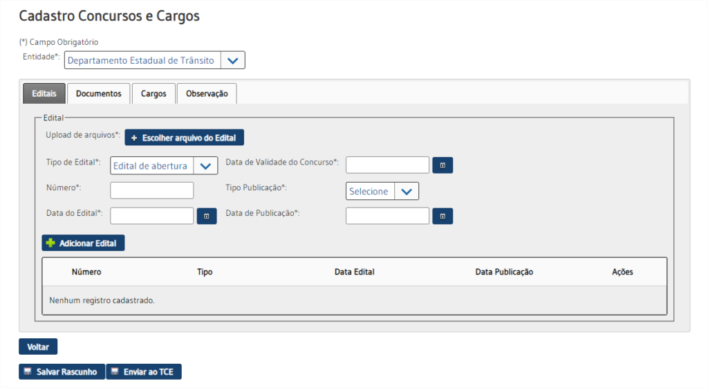 Captura de tela do Sistema de Registro Pessoal para preenchimento dos dados do concurso, incluindo campos como entidade, edital, upload de arquivos, tipo de edital, data de validação, número do concurso e datas relevantes. Botões disponíveis: Adicionar edital, Salvar rascunho, Enviar ao TCE.