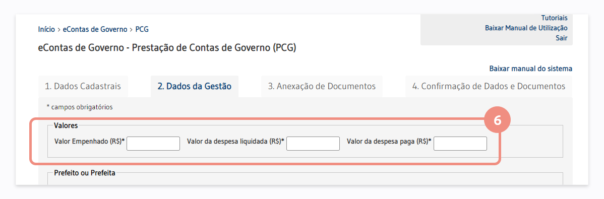 Cadastro da PCG - Etapa 2 - Dados da Gestão - Valores empenhado, de despesa liquidada e de despesa paga.