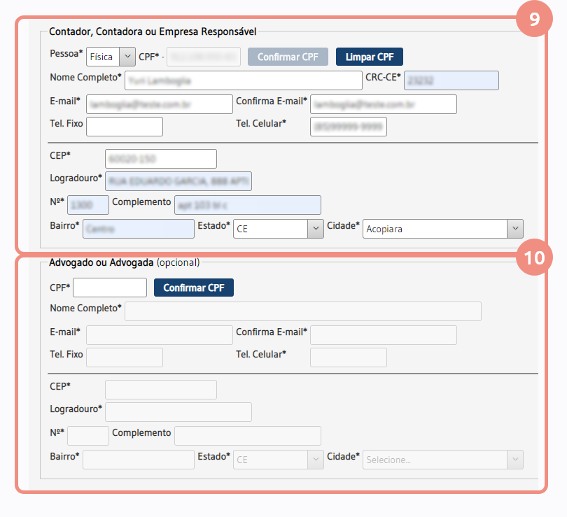 Cadastro da PCG - Etapa 2 - Dados da Gestão - cadastro de contador, contadora ou empresa responsável e cadastro de advogado ou advogada