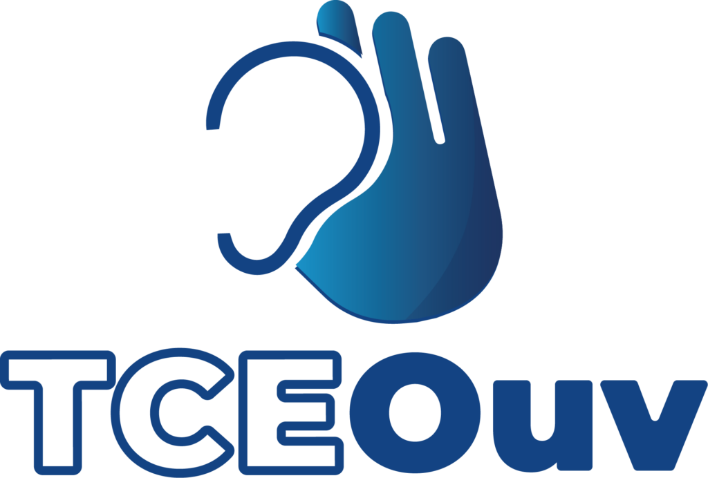 Logo da Ouvidoria do TCE Ceará, com desenho simbolizando uma mão estendida sob uma orelha e o título "TCEOuv" embaixo